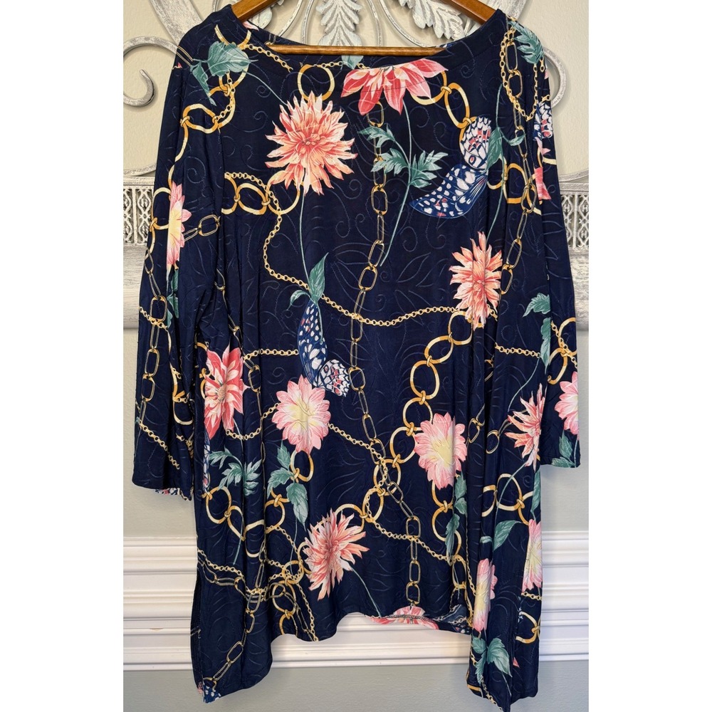 JM Collection Womens 3X Navy Floral Butterfly Chain Sharkbite Tunic Top Blouse